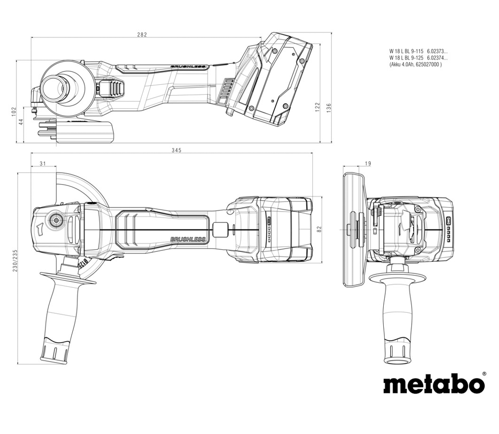 Polizor unghiular cu acumulator METABO W 18 L BL 9-125 125mm 18V 4Ah photo 6