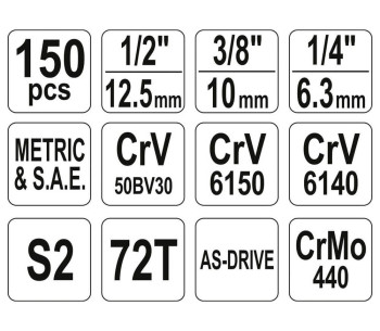 Set chei combinate, duze tubulare și biți YATO YT38811 150unit. 4-32mm 1/2-1/4-3/8" photo 3
