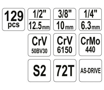 Set chei combinate, duze tubulare și biți YATO YT38881 129unit. 4-32mm 1/2-1/4-3/8" photo 3