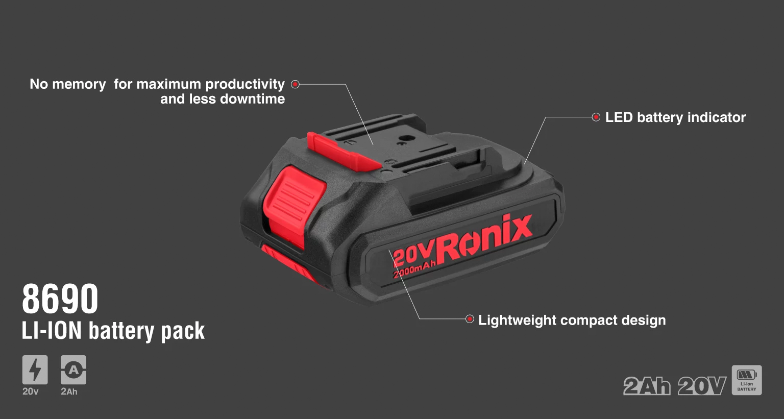 Acumulator Ronix 8690 20V 2.0Ah Li-Ion